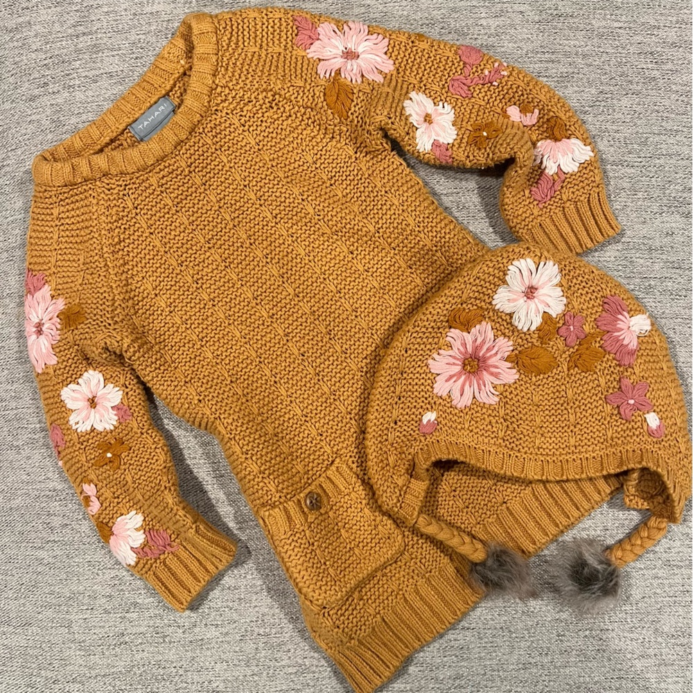 Tahari Baby Girl Fall Floral Embroidered Mustard Sweater Dress & Hat Set
